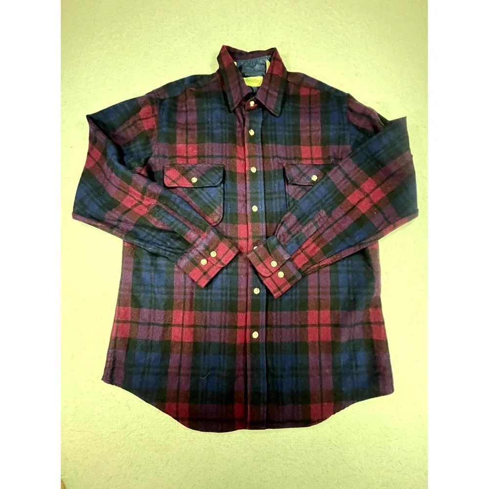 Vintage St. John's Bay Jacket Mens Large Burgundy Black Plaid Wool Button Front